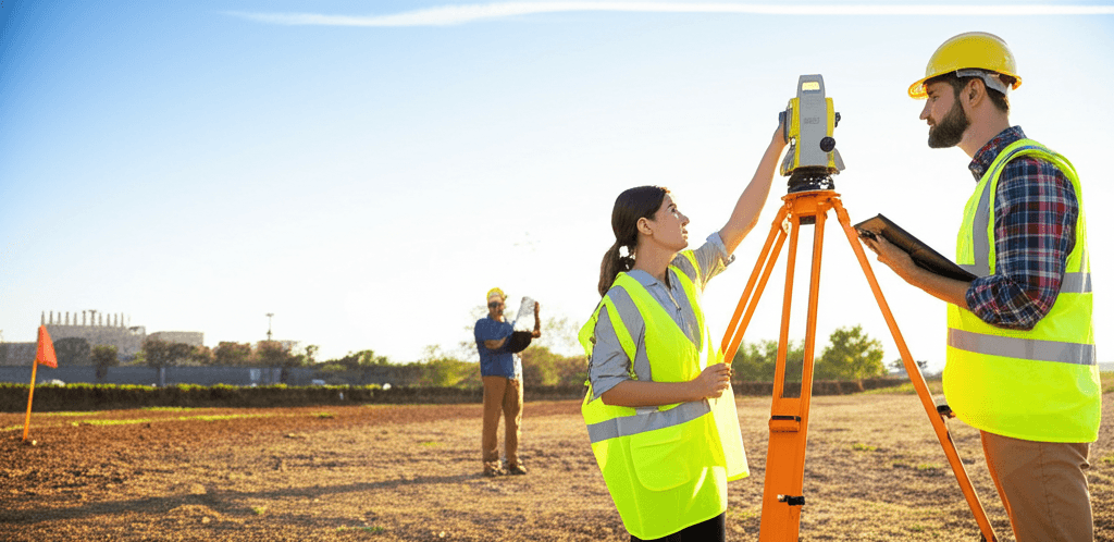 Equipo de agrimensura profesional realizando mediciones en el campo con equipos de alta precisión
